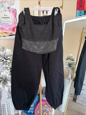 refuge Black Rhinestone Cropped Tank & Joggers Set